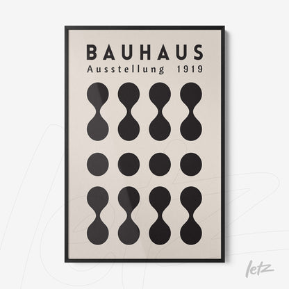 Bauhaus style poster print with black geometric shapes on light beige background and thin black frame