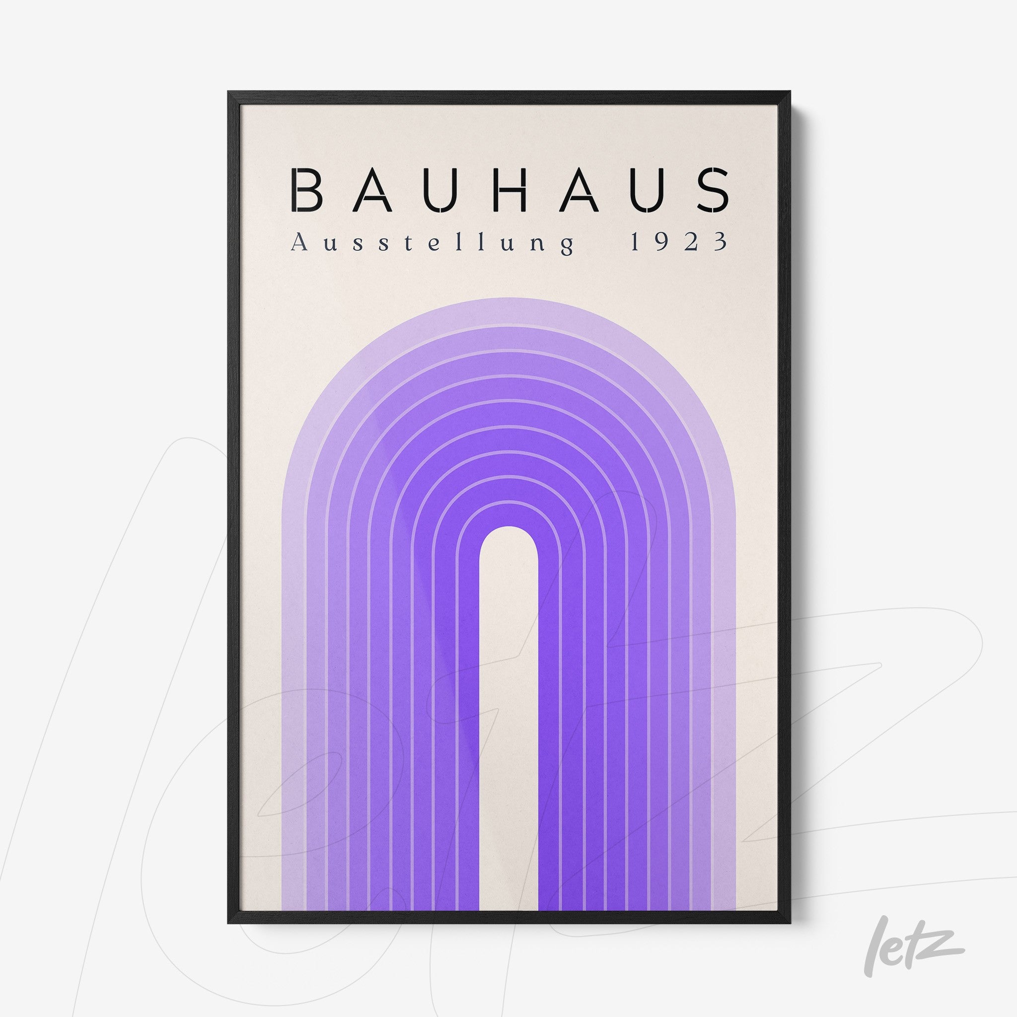 framed poster with geometric arch design in shades of purple and text bauhaus ausstellung 1923, black frame