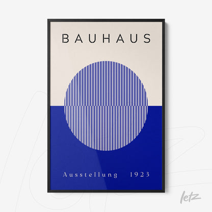 bauhaus design poster with vertical blue lines on a white and blue background, displayed in a thin black frame