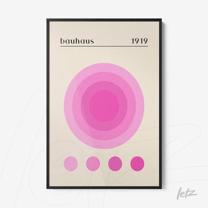 poster featuring Bauhaus-inspired design with pink concentric circles in black frame