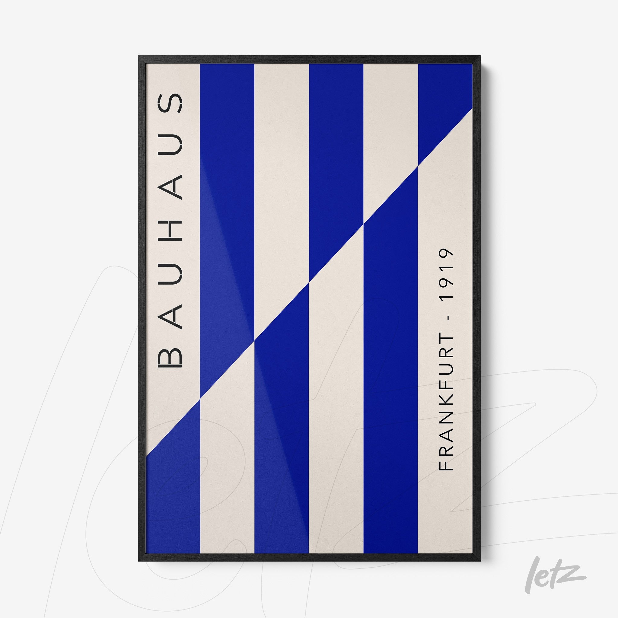 poster with geometric illustration in blue and white, featuring the words bauhaus and frankfurt 1919 in a black frame