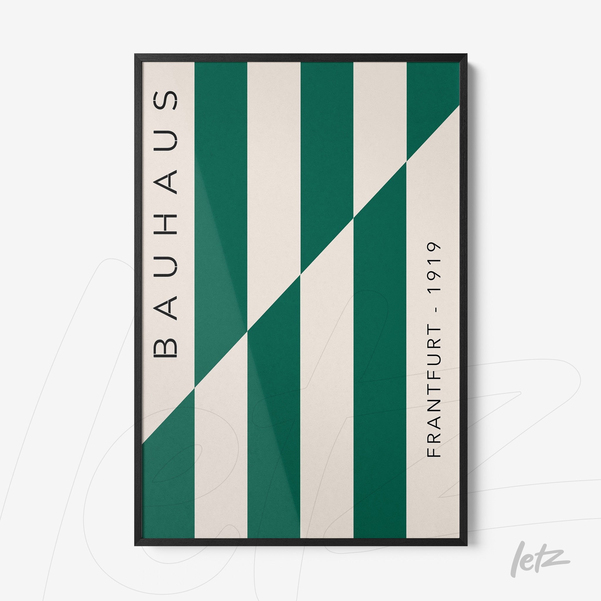 poster print featuring modern design of green and white stripes, framed in a thin black frame