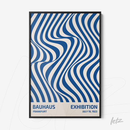 poster with abstract blue and white wave design and text about Bauhaus exhibition in black frame