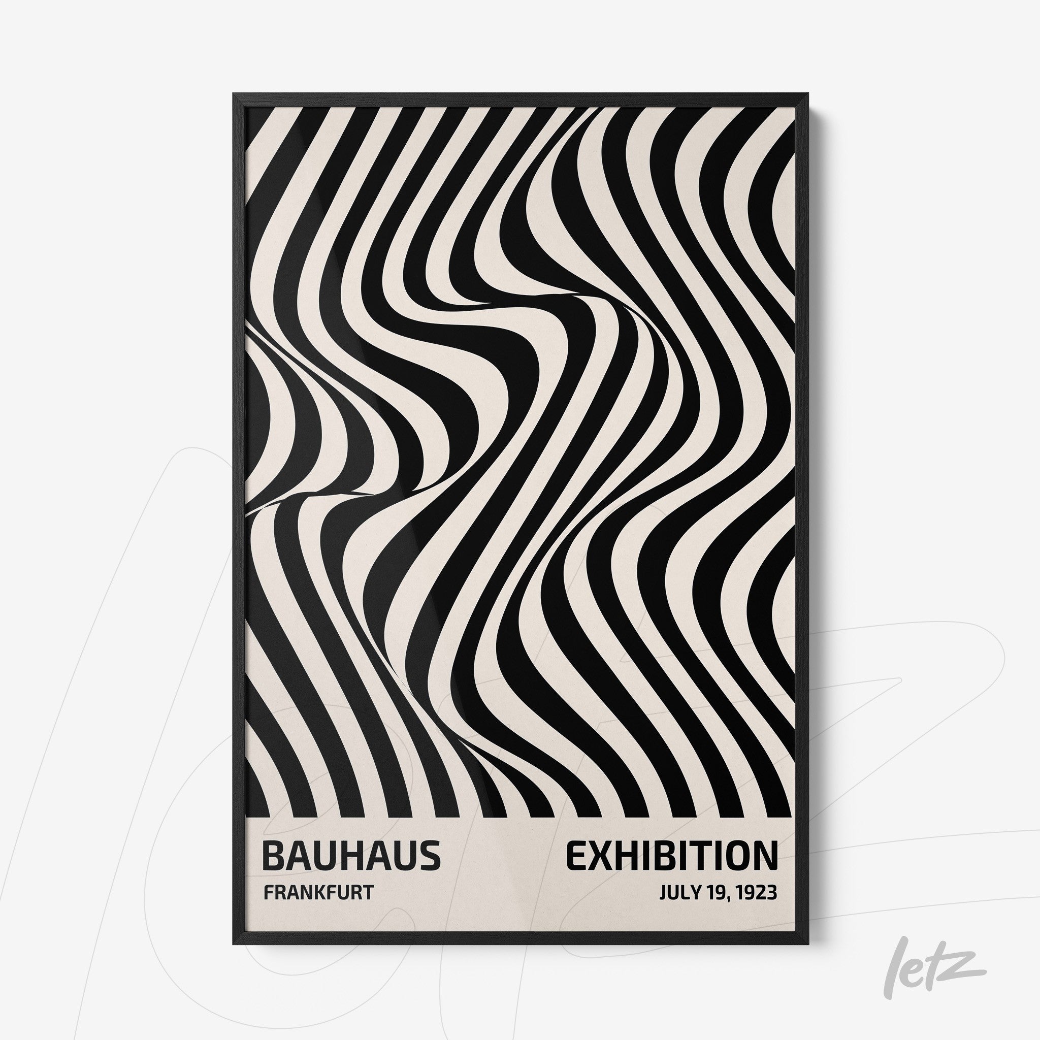 bauhaus exhibition poster with black and white pattern in black frame