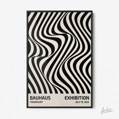 bauhaus exhibition poster with black and white pattern in black frame