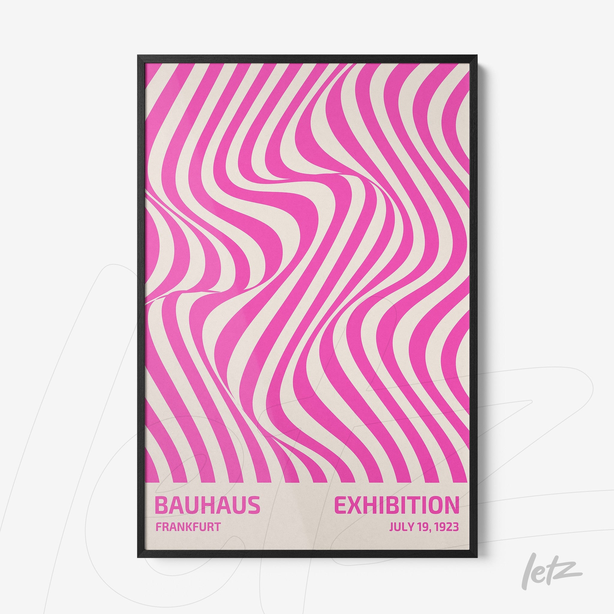 poster with geometric art in pink and white in black frame featuring Bauhaus theme for 1923 exhibition in Frankfurt