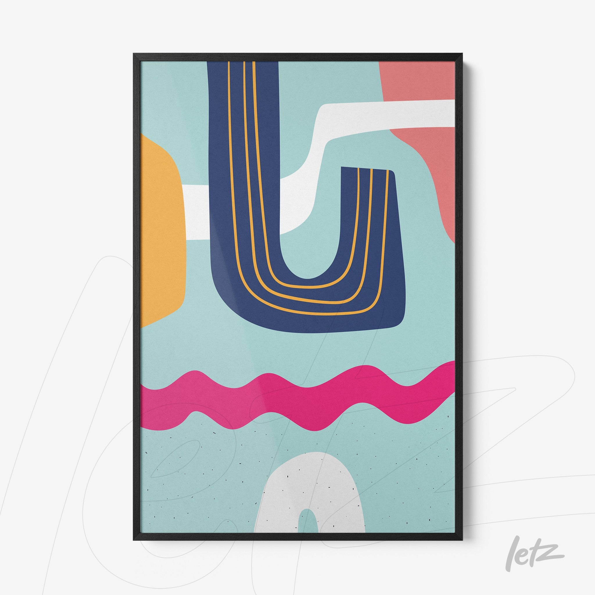 ```json
{
  "alt": "quadro em estilo boho com cores modernas exibindo formas abstratas em azul, rosa e laranja emoldurado com filete preta e vidro",
  "alt_en": "boho style painting with modern colors showcasing abstract shapes in blue, pink, and orange framed with thin black edging and glass"
}
```