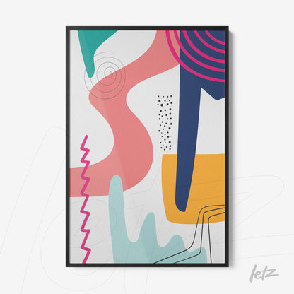 quadro abstrato com formas geométricas multicoloridas em moldura preta