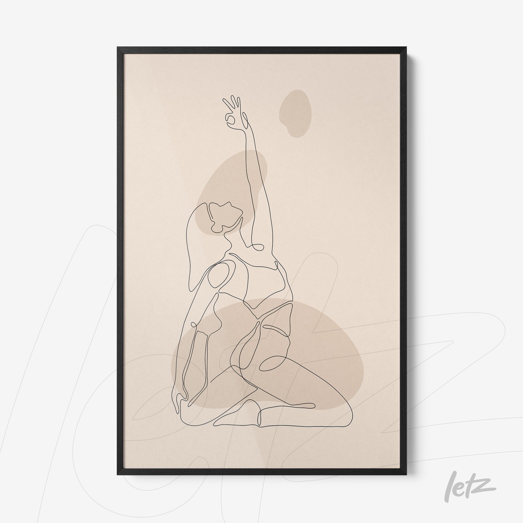 minimalist line art of a woman in a yoga pose with beige background framed in black