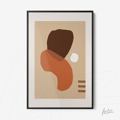abstract wall art with geometric shapes in earthy tones framed in black