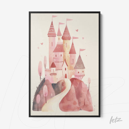 framed artwork featuring a pink castle illustration on a soft background, surrounded by trees and hills with a black frame