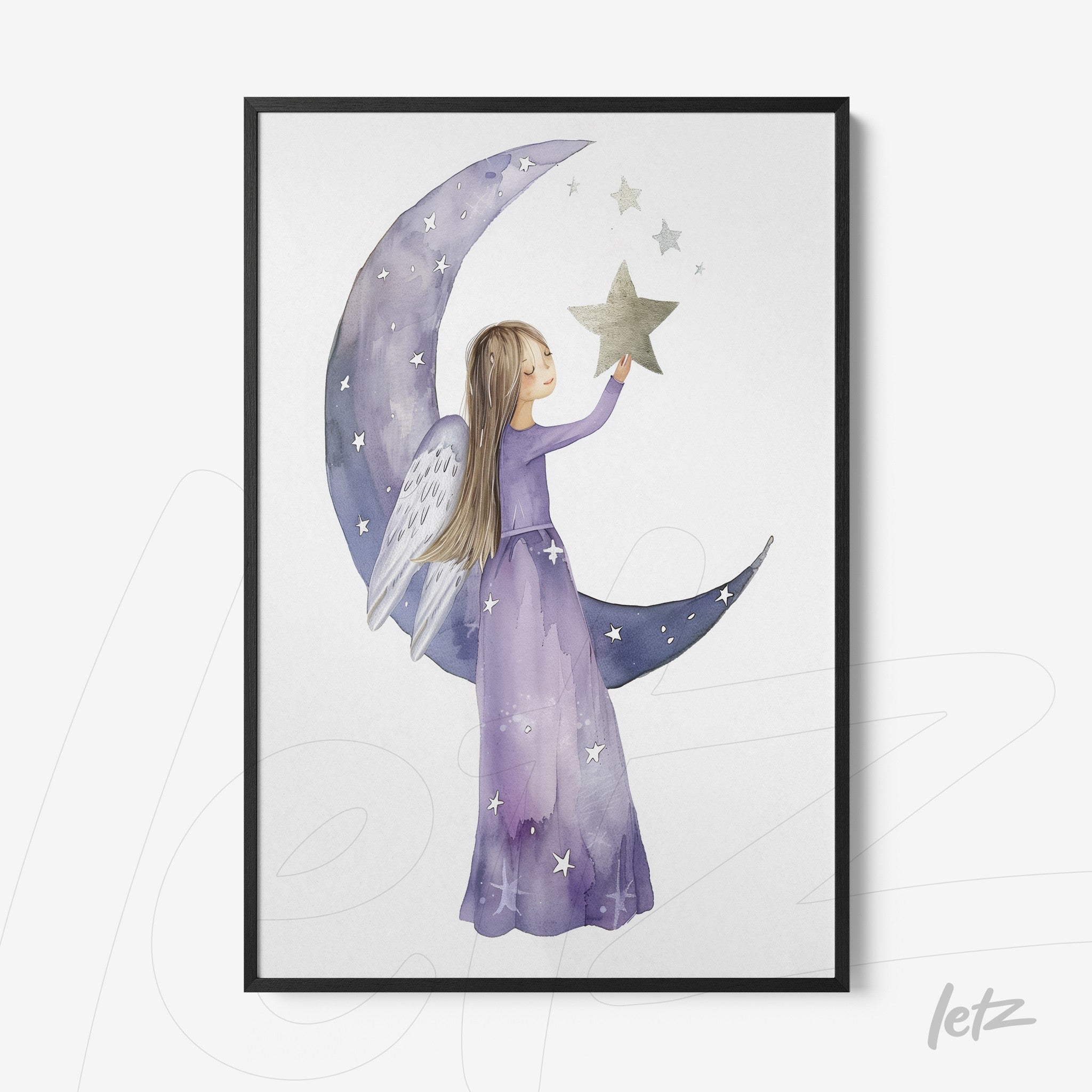 framed artwork of an angel girl holding a star in front of a crescent moon with a soft background in shades of purple and blue