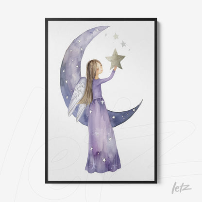 framed artwork of an angel girl holding a star in front of a crescent moon with a soft background in shades of purple and blue