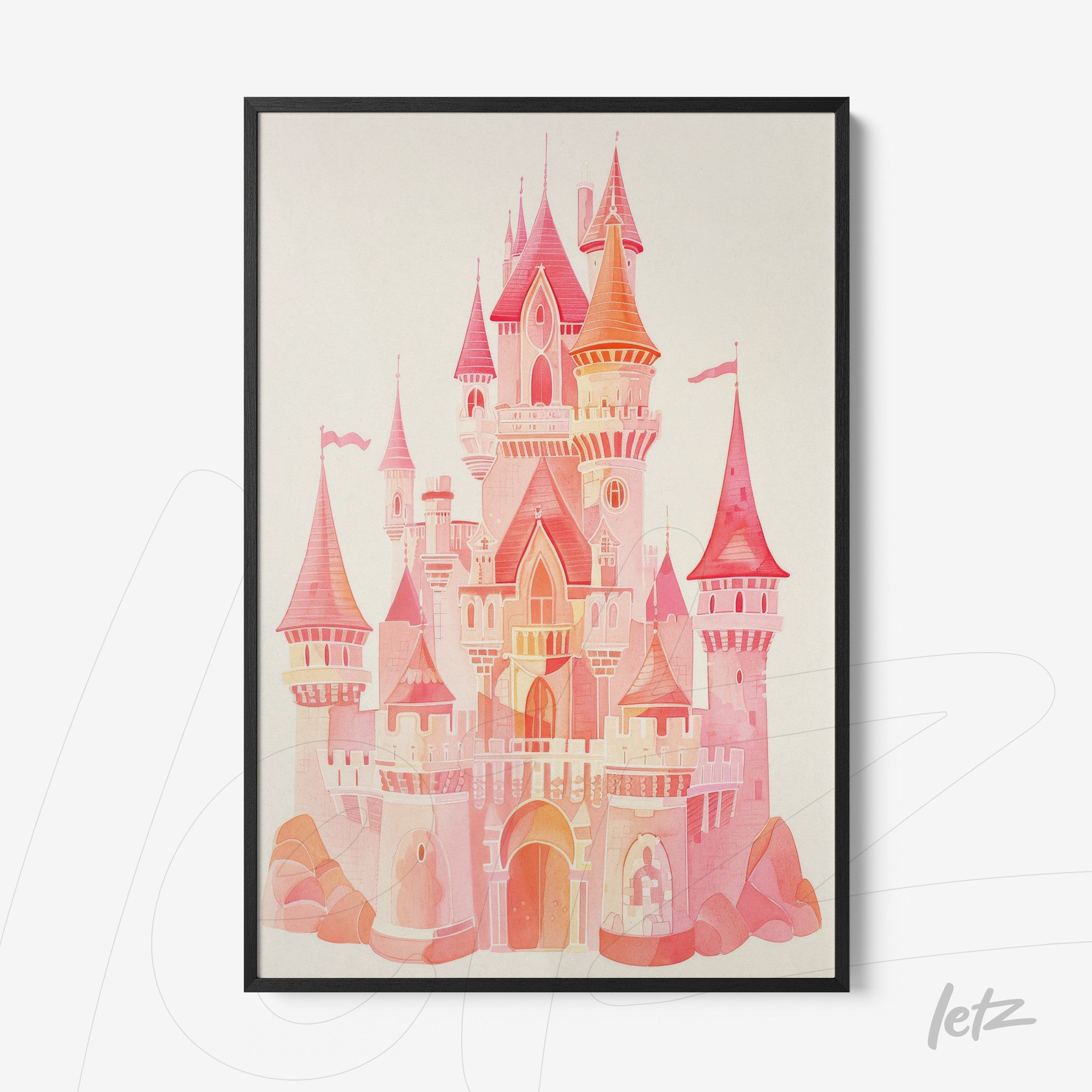 framed art of a pink castle in minimalist style with a black frame and neutral background