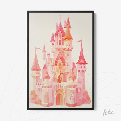 framed art of a pink castle in minimalist style with a black frame and neutral background
