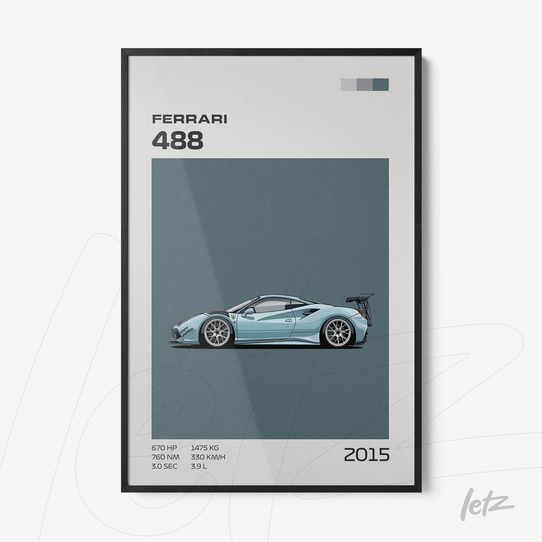 framed wall art featuring a digital illustration of a ferrari 488 on a blue background