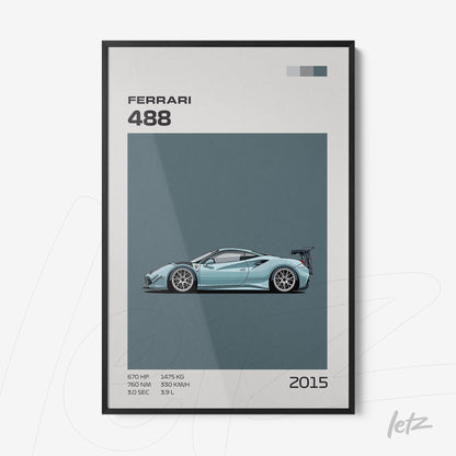 framed wall art featuring a digital illustration of a ferrari 488 on a blue background