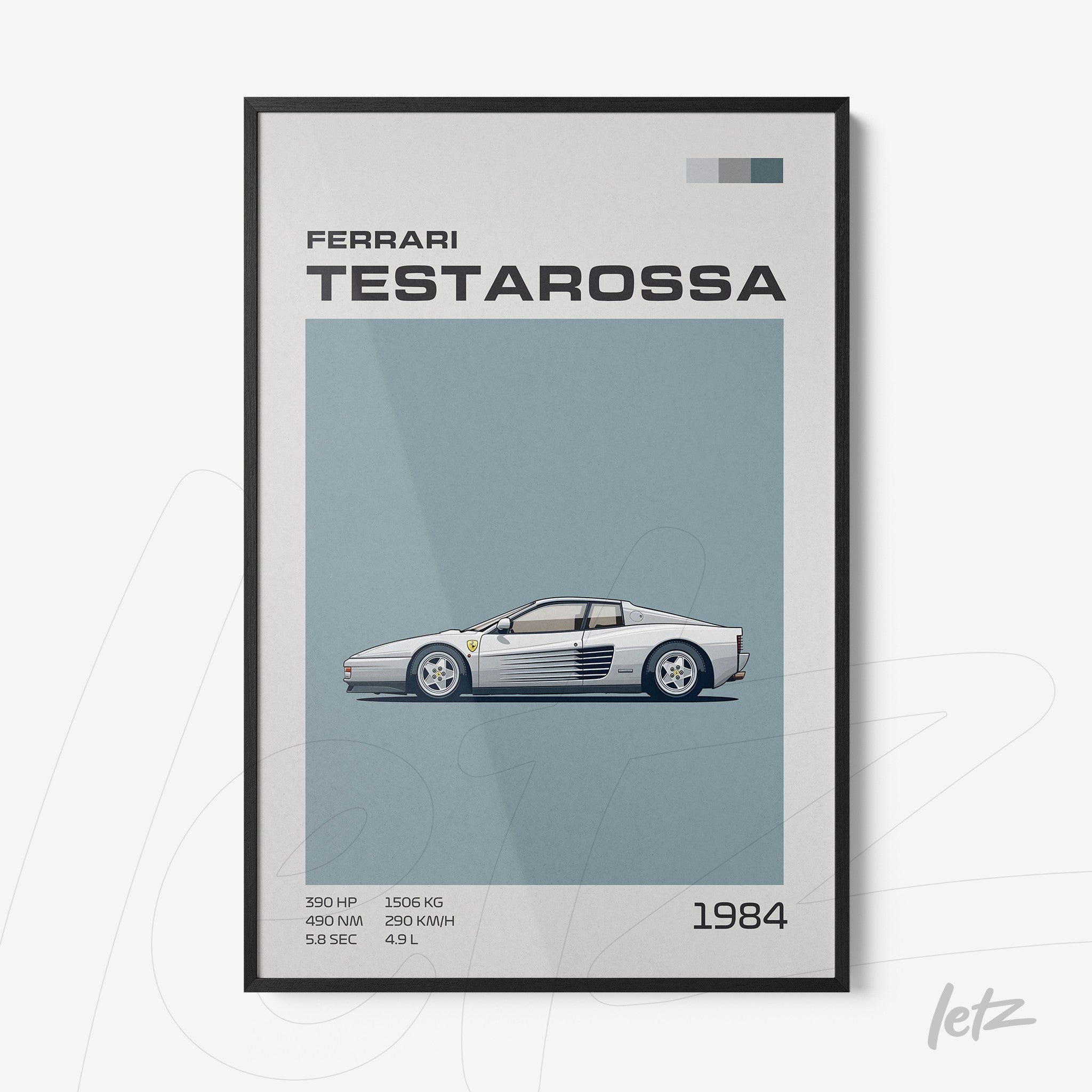 framed wall art featuring a minimalistic illustration of a Ferrari Testarossa on a light blue background with a black frame