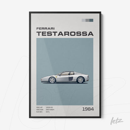 framed wall art featuring a minimalistic illustration of a Ferrari Testarossa on a light blue background with a black frame