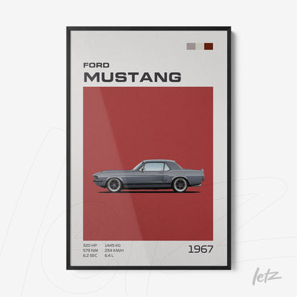 framed wall art featuring a 1967 Ford Mustang illustration with a red background and black frame
