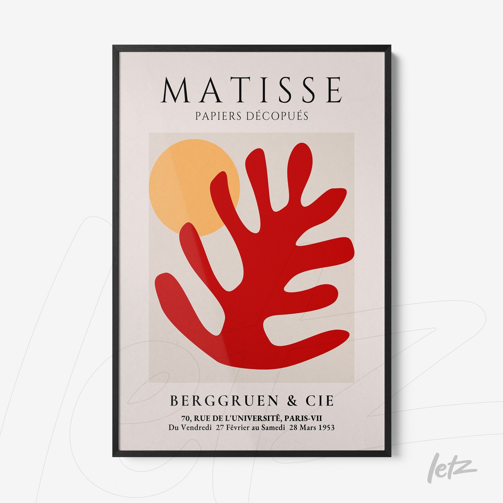 framed wall art featuring abstract shapes in red and yellow, inspired by Matisse, with black frame