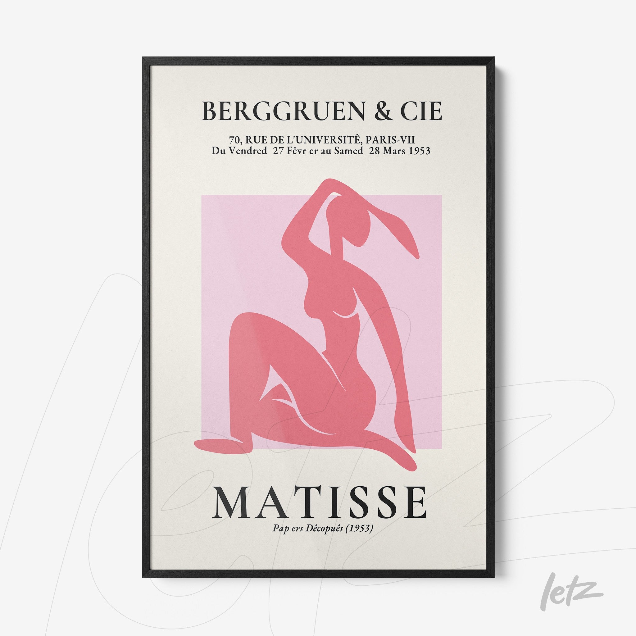 framed art featuring a graphic depiction of a female figure in pink tones inspired by Matisse