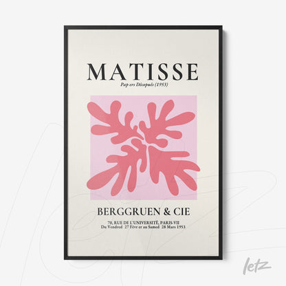 framed wall art featuring abstract design in pink tones inspired by Matisse with thin black frame