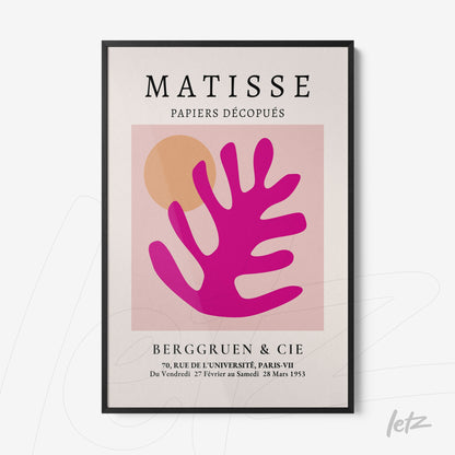 framed artwork by Matisse featuring a large pink leaf design with geometric shapes on a light background