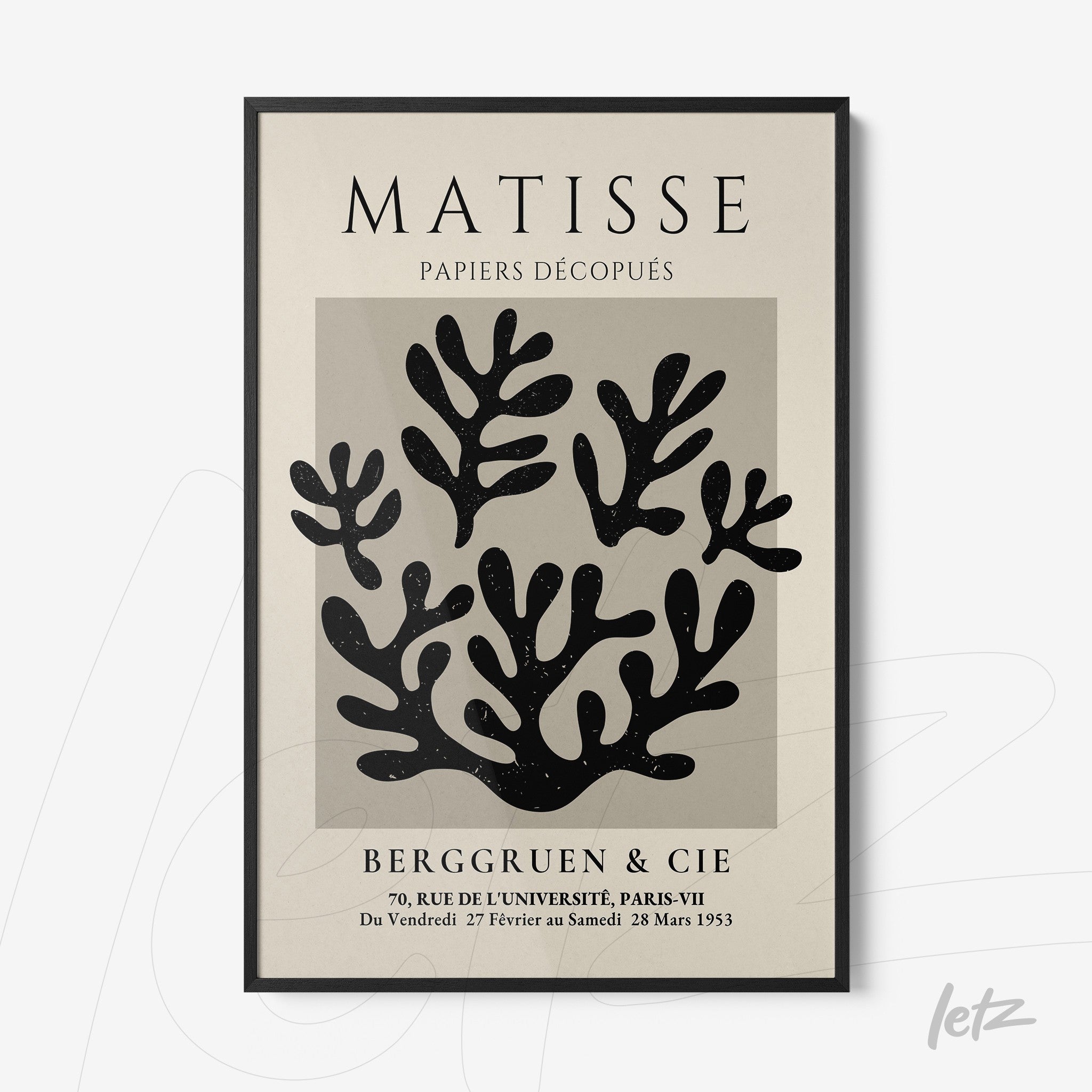 framed art print of paper cutouts in black and white inspired by Matisse with black frame