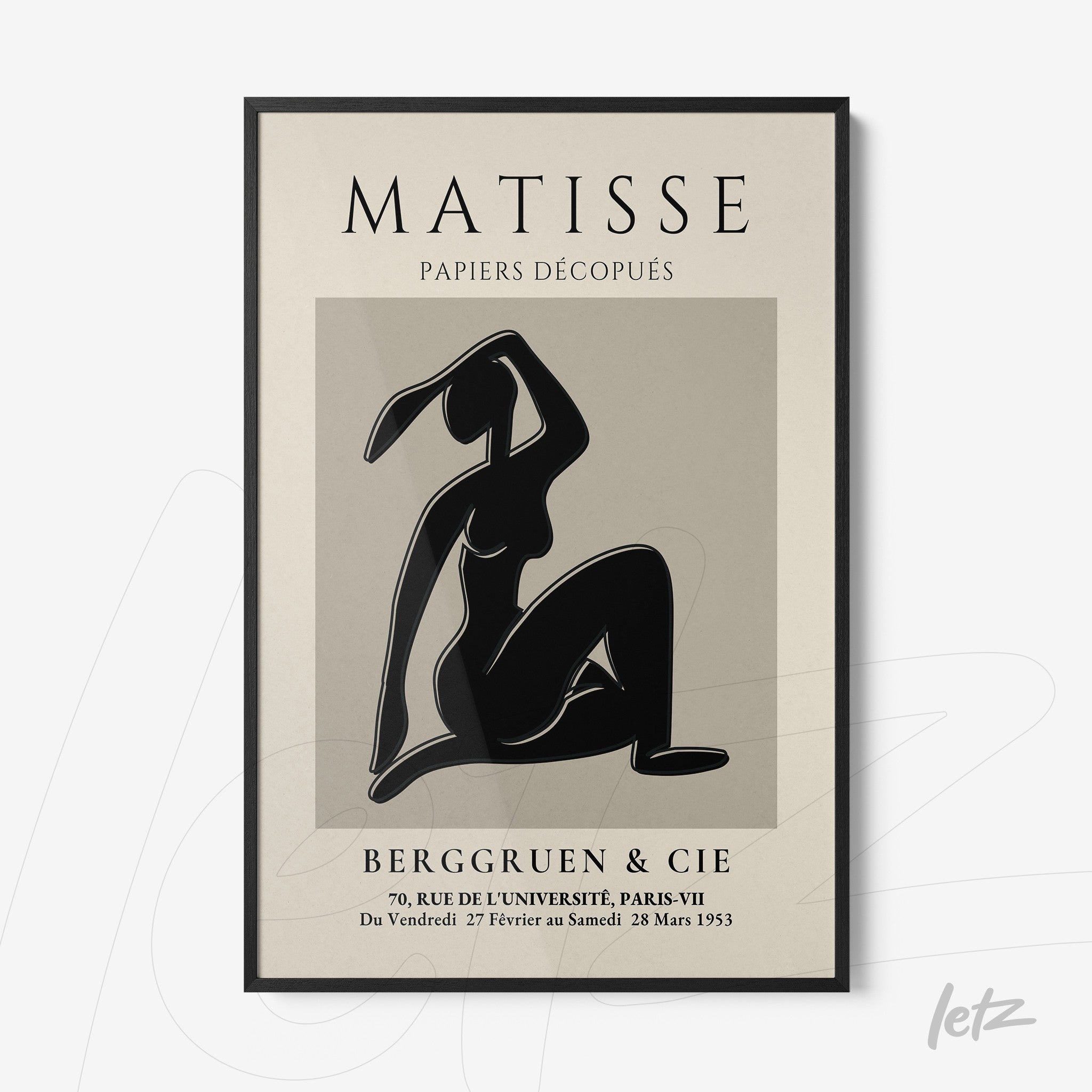 framed black and white stylized art inspired by Matisse with a thin black frame