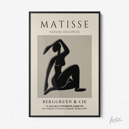 framed black and white stylized art inspired by Matisse with a thin black frame
