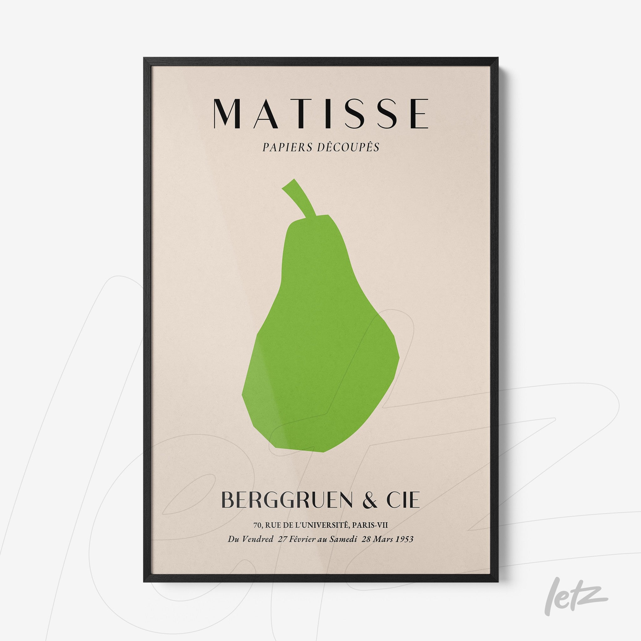 framed artwork featuring a minimalistic green pear in abstract style