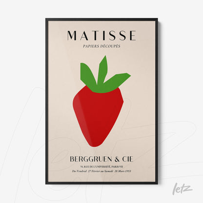framed wall art featuring a stylized strawberry in vibrant colors against a light background, inspired by Matisse