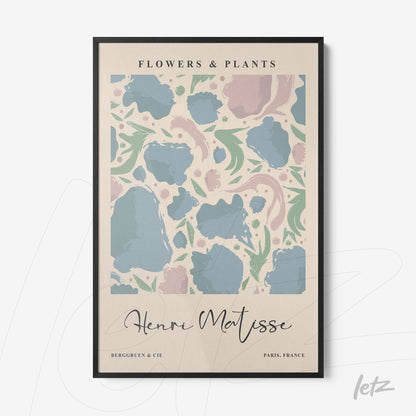 framed abstract art print of flowers and plants in black frame with light background and elegant text