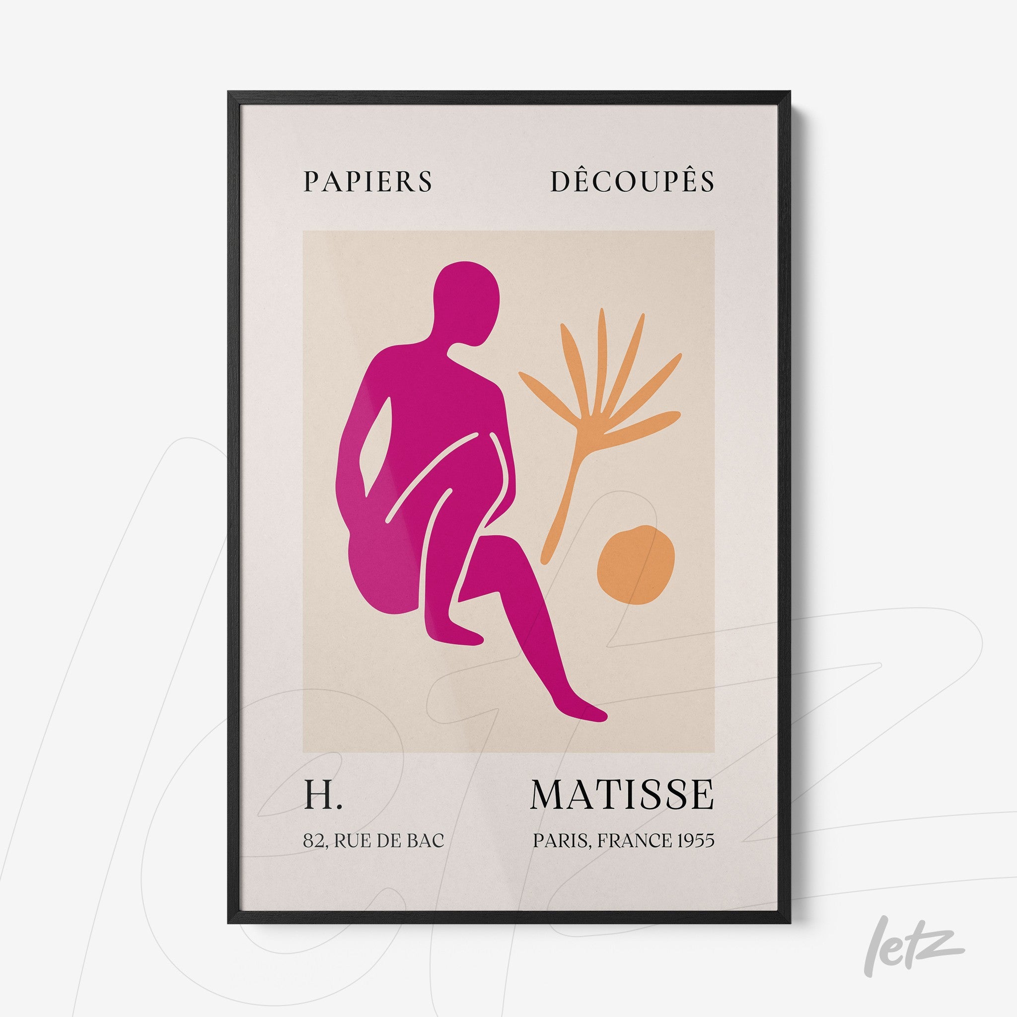 modern art print in pink, orange, and green featuring a seated human figure next to a stylized plant on a light background with black frame