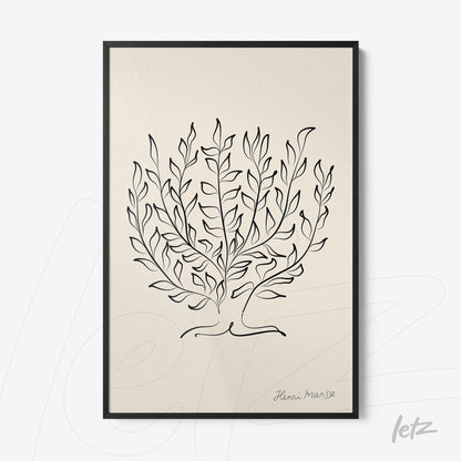 minimalist framed artwork of leaves in black line drawing on light background