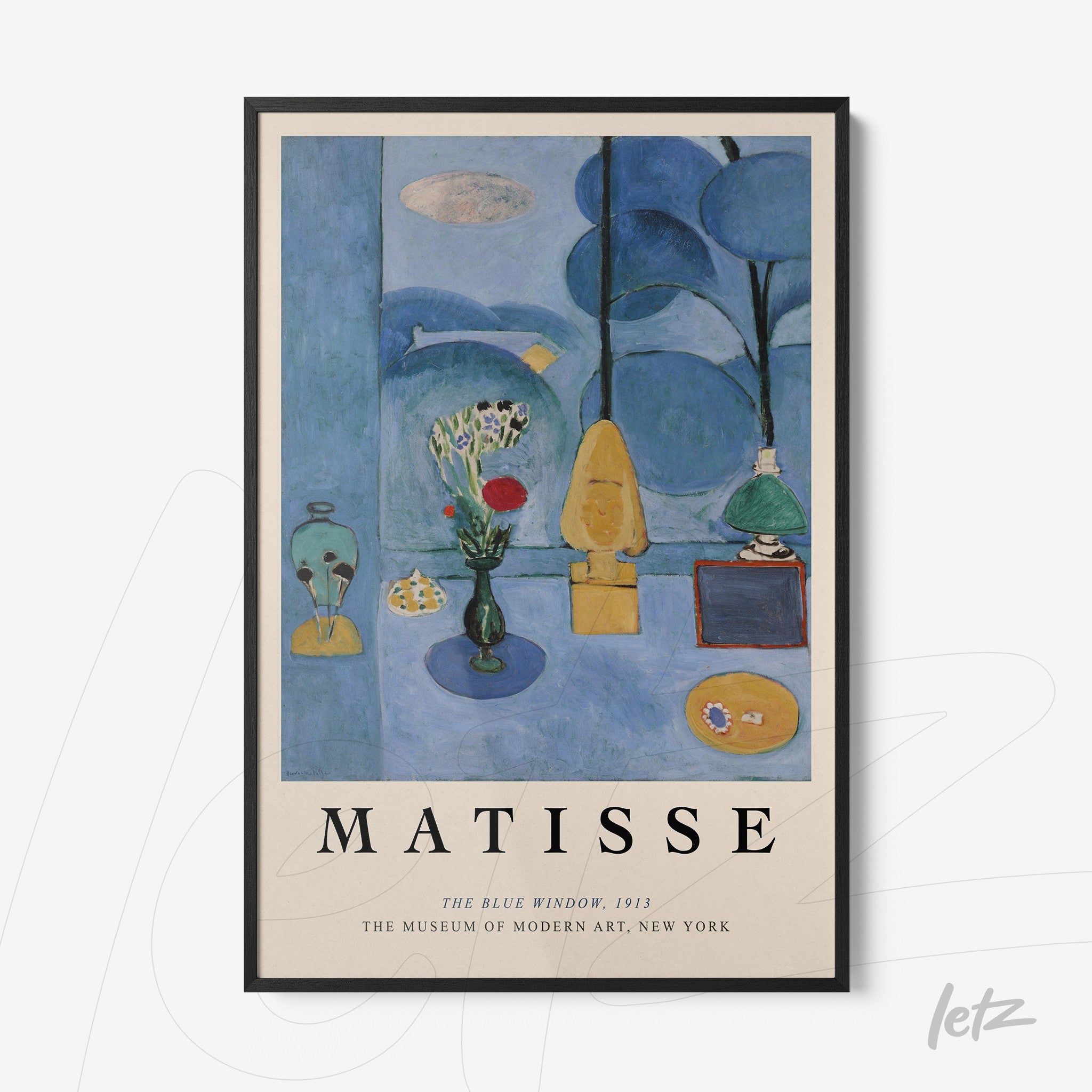 framed artwork of 'The Blue Window' by Matisse featuring a composition in shades of blue with decorative elements prominently displayed