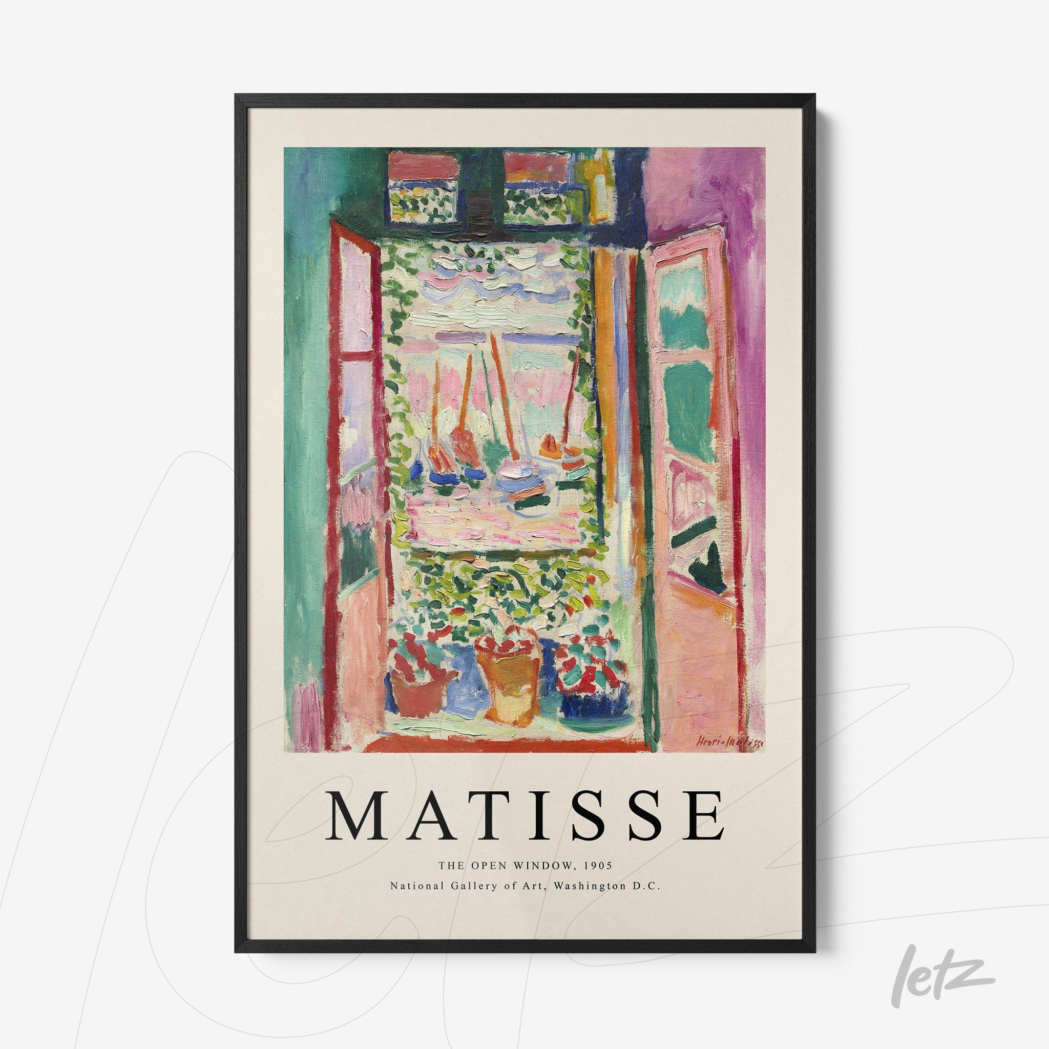 decorative wall art featuring henri matisse's open window painting with a view of flowers and a lake in black frame