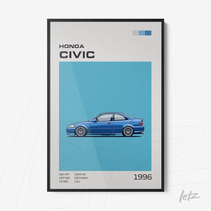 framed artwork featuring a stylized illustration of the 1996 Honda Civic on a light blue background with a black frame