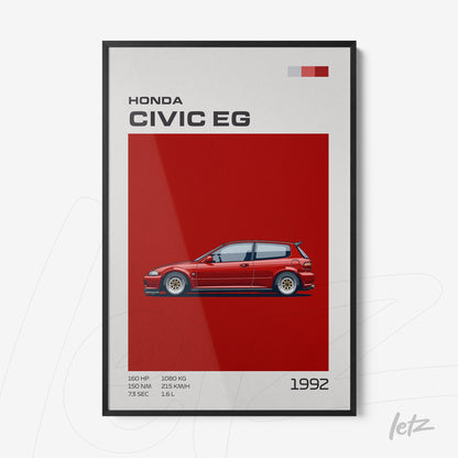 framed artwork featuring the honda civic eg car illustration on a red background with a black frame