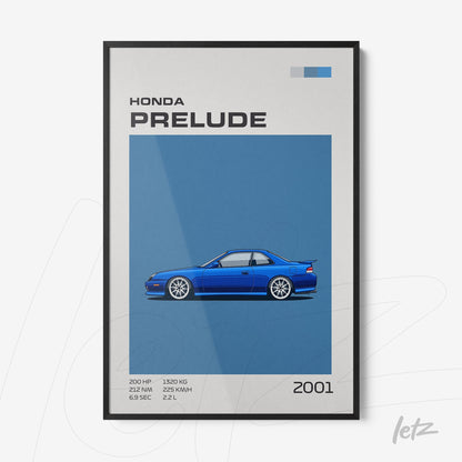 framed artwork featuring the 2001 Honda Prelude illustration against a blue background with black frame