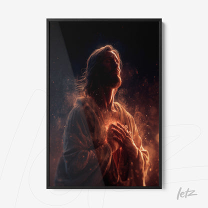 framed artwork featuring a contemplative figure of Jesus illuminated by golden light effects