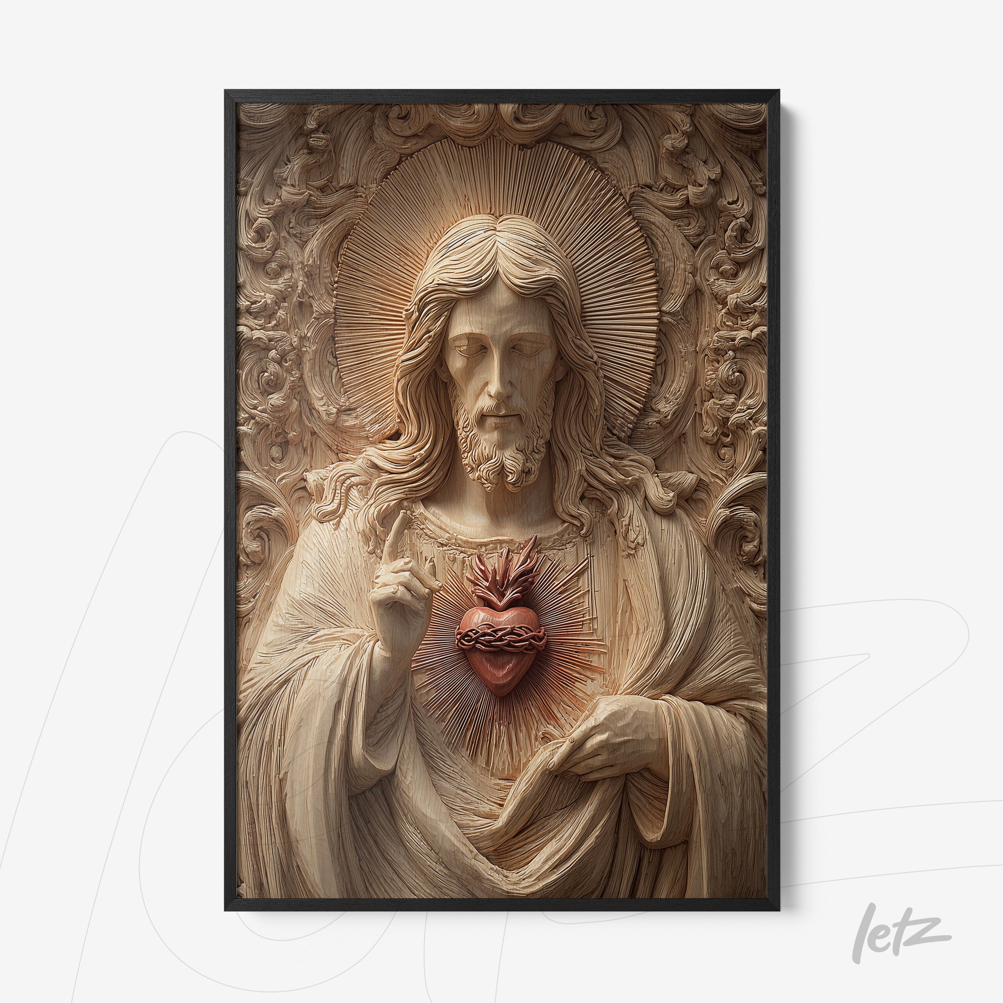 decorative framed artwork featuring a carved figure of Jesus with a sacred heart in intricate detail and a black frame