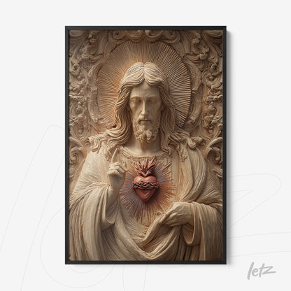 decorative framed artwork featuring a carved figure of Jesus with a sacred heart in intricate detail and a black frame