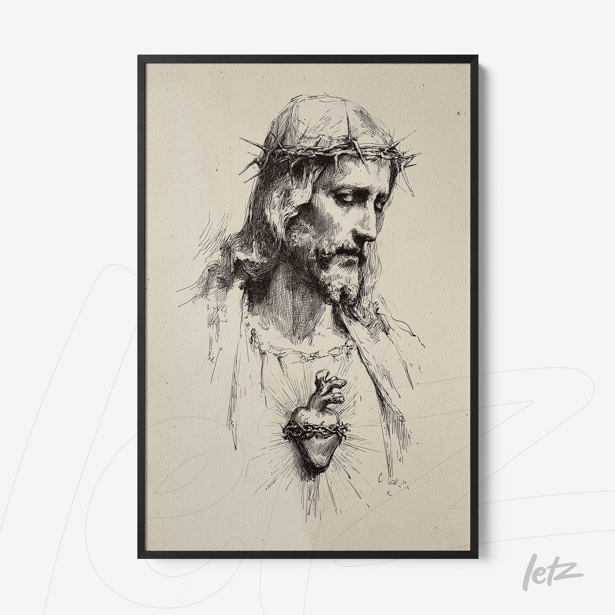 framed artwork featuring a detailed illustration of Jesus Christ with a crown of thorns and sacred heart in a thin black frame