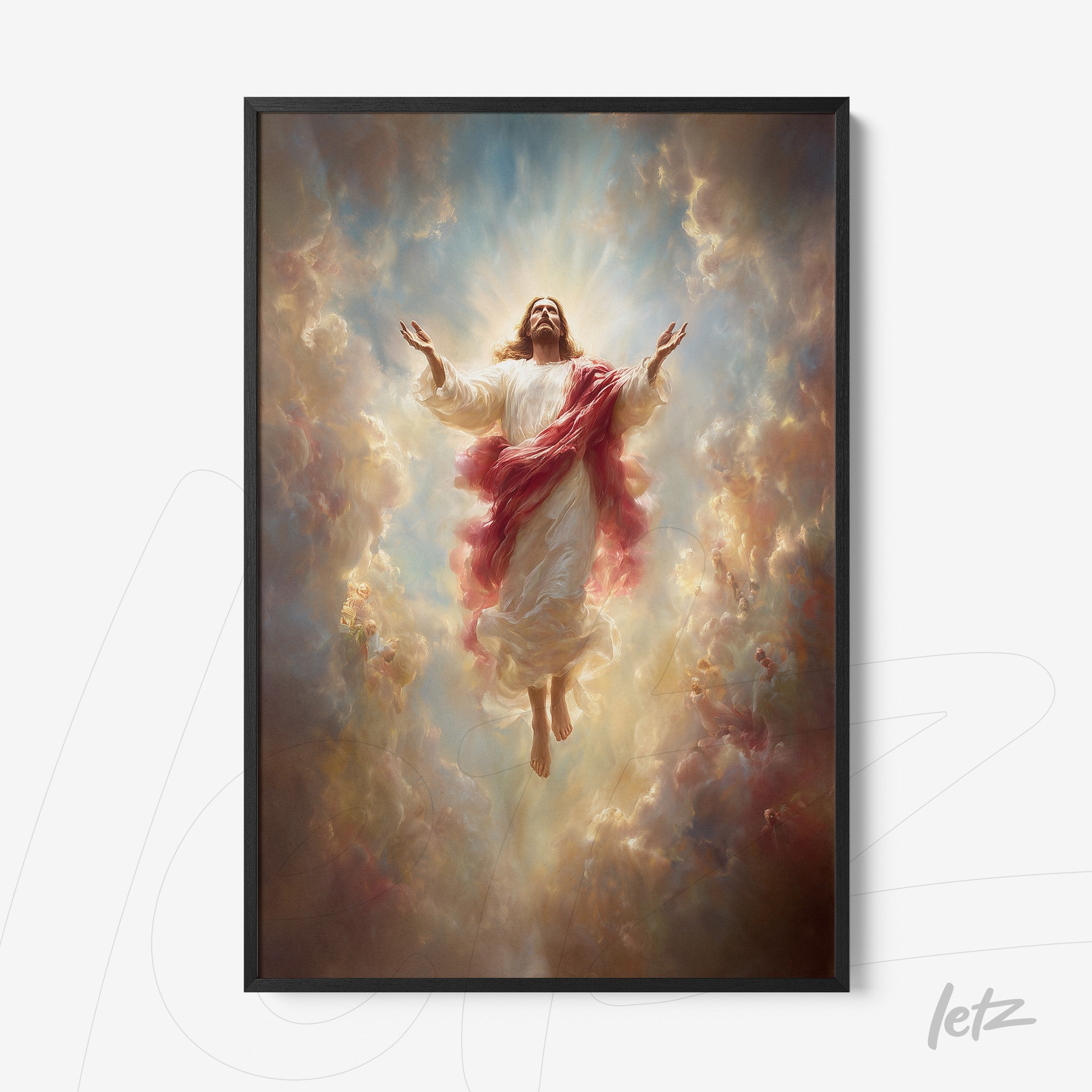 framed artwork of Jesus Christ ascending to heaven with dark frame