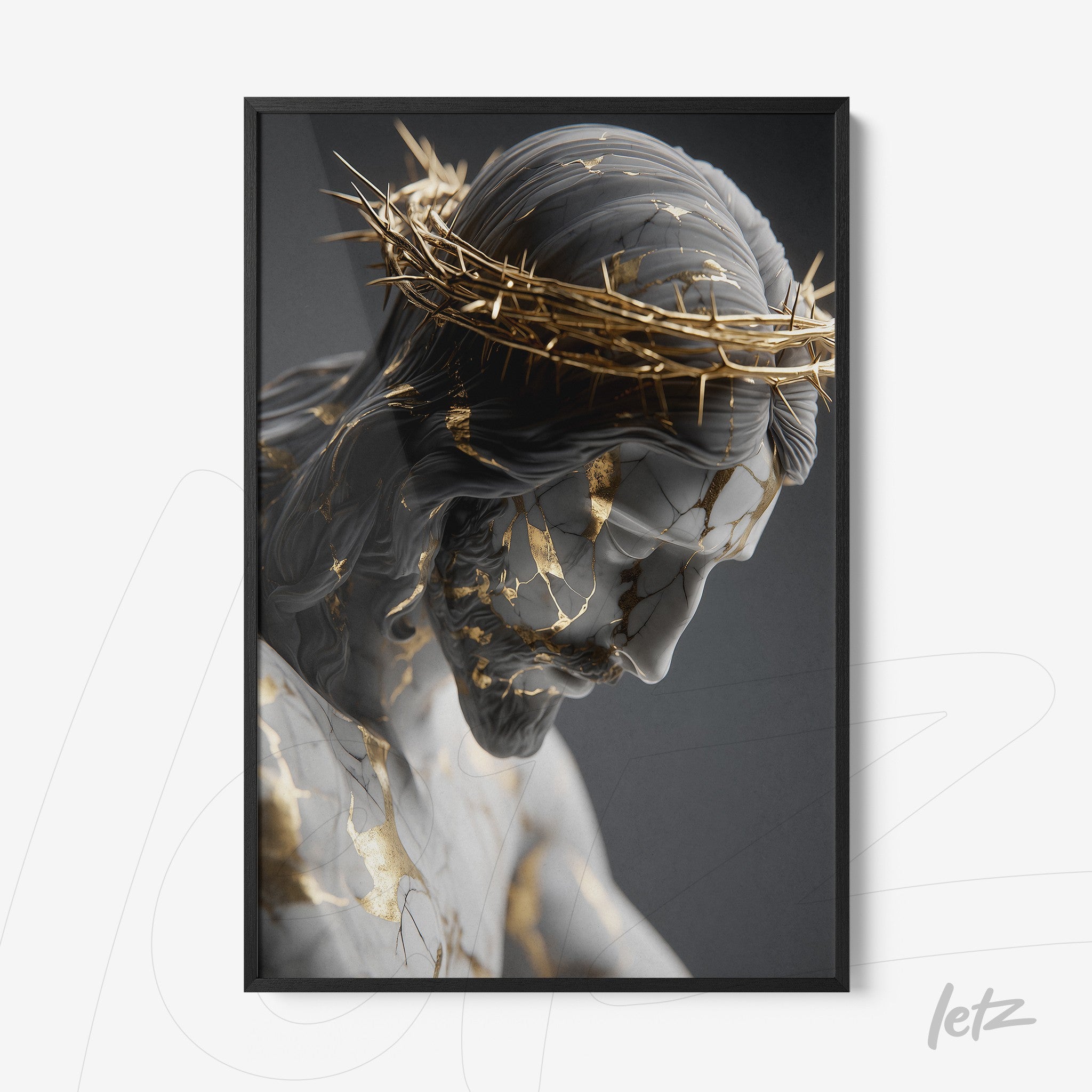 decorative wall art featuring a sculpture of Christ with golden details, framed in black