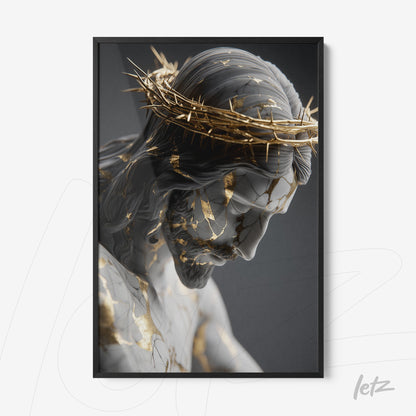 decorative wall art featuring a sculpture of Christ with golden details, framed in black