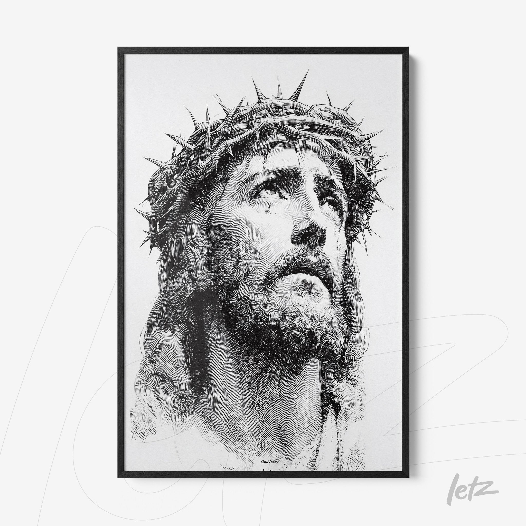 framed black and white artwork depicting the portrait of Jesus Christ wearing a crown of thorns