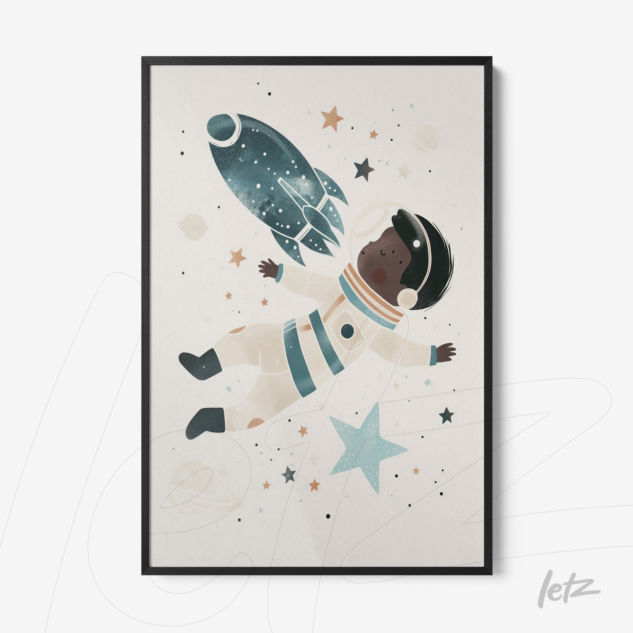 framed wall art of a child astronaut floating in space with a rocket and stars